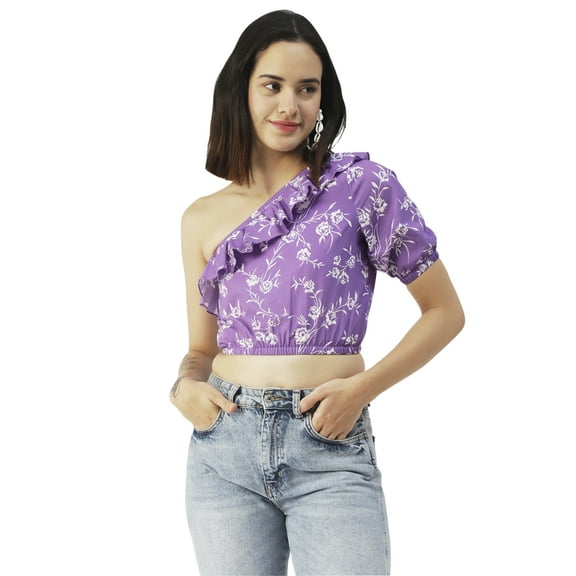 Moomaya Womens Printed Crop Top, One Shoulder Cotton Casual Summer Top