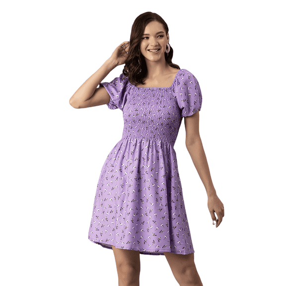 Moomaya Womens Printed Dress, Square Neck Short Puffed Sleeves Knee Length Short Dress