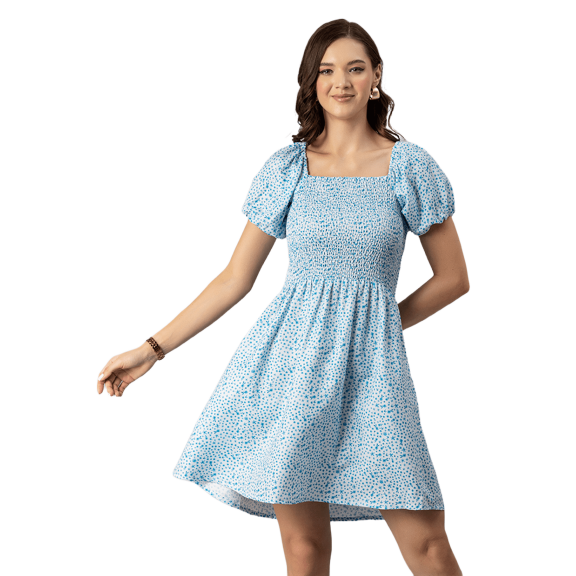 Moomaya Womens Printed Dress, Square Neck Short Puffed Sleeves Knee Length Short Dress