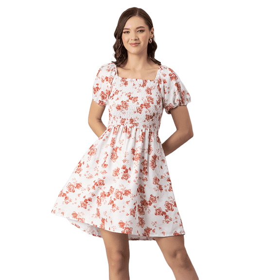 Moomaya Womens Printed Dress, Square Neck Short Puffed Sleeves Knee Length Short Dress