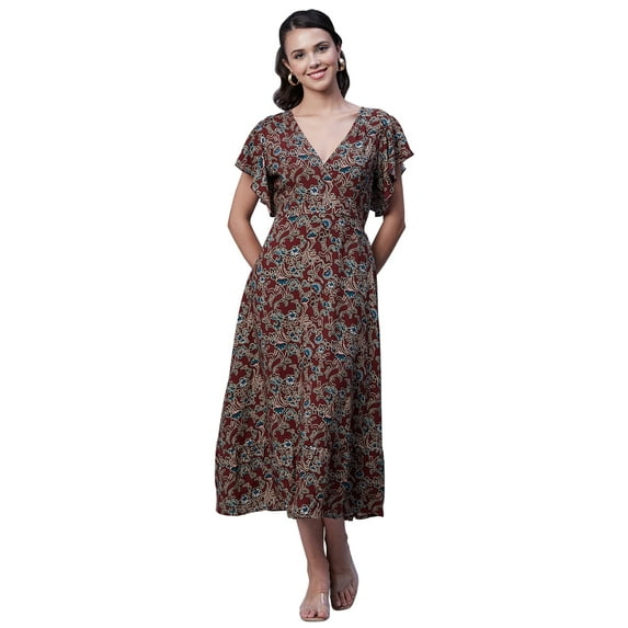 Moomaya Womens Printed Dress, V-Neck, Short Sleeves, Ruffled Midi Summer Viscose Dress