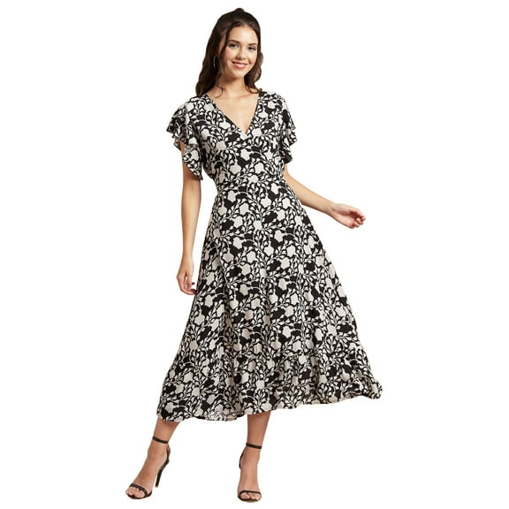 Moomaya Womens Printed Dress, V-Neck, Short Sleeves, Ruffled Midi Summer Viscose Dress