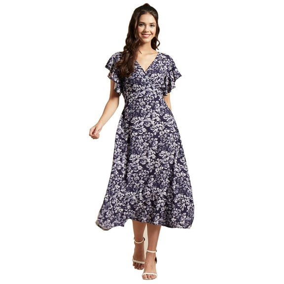 Moomaya Womens Printed Dress, V-Neck, Short Sleeves, Ruffled Midi Summer Viscose Dress