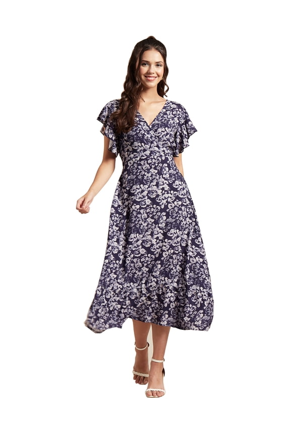 Womens Printed Dress, V-Neck, Short Sleeves, Ruffled Midi Summer Viscose Dress
