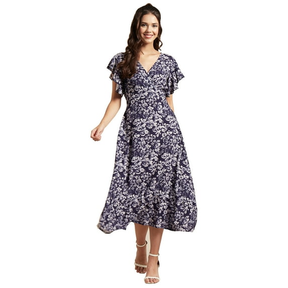 Moomaya Womens Printed Dress, V-Neck, Short Sleeves, Ruffled Midi Summer Viscose Dress