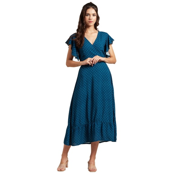 Moomaya Womens Printed Dress, V-Neck, Short Sleeves, Ruffled Midi Summer Viscose Dress