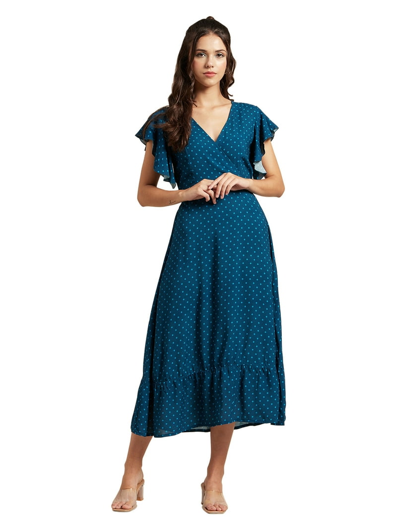Moomaya Womens Printed Dress, V-Neck, Short Sleeves, Ruffled Midi Summer Viscose Dress, Women's, Size: Small, Blue Moomaya Womens Printed Dress, V-Neck, Short Sleeves, Ruffled Midi Summer Viscose Dress, Women's, Size: Small, Blue