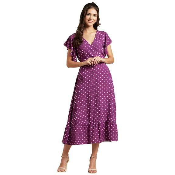 Moomaya Womens Printed Dress, V-Neck, Short Sleeves, Ruffled Midi Summer Viscose Dress