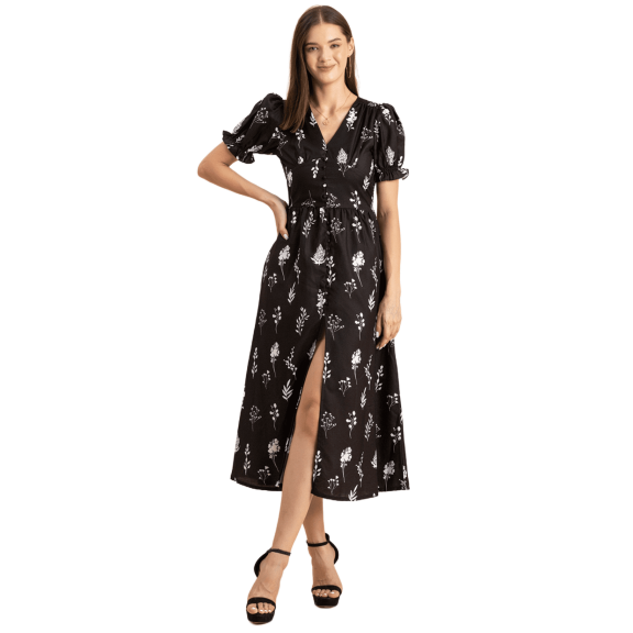 Moomaya Womens Printed Front Slit Dress, Puffed Sleeves, Styles Back Ties Midi Dress