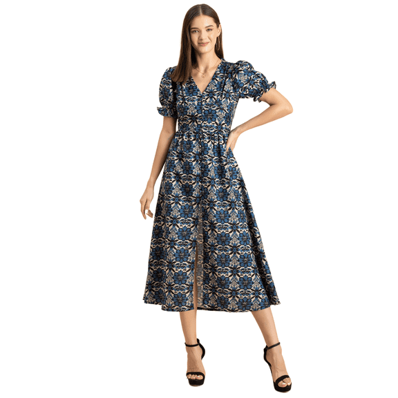 Moomaya Womens Printed Front Slit Dress, Puffed Sleeves, Styles Back Ties Midi Dress