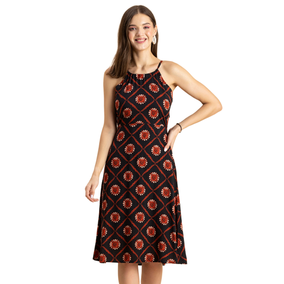 Moomaya Womens Printed Halter Neck Dress, Knee Length, Styled Back Viscose Dress