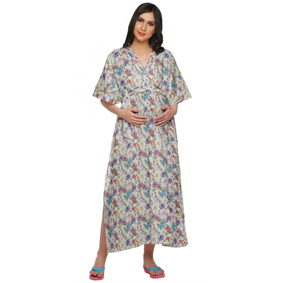 Moomaya Womens Printed Kimono Sleeve Button Down Cotton Maternity Long Kaftan