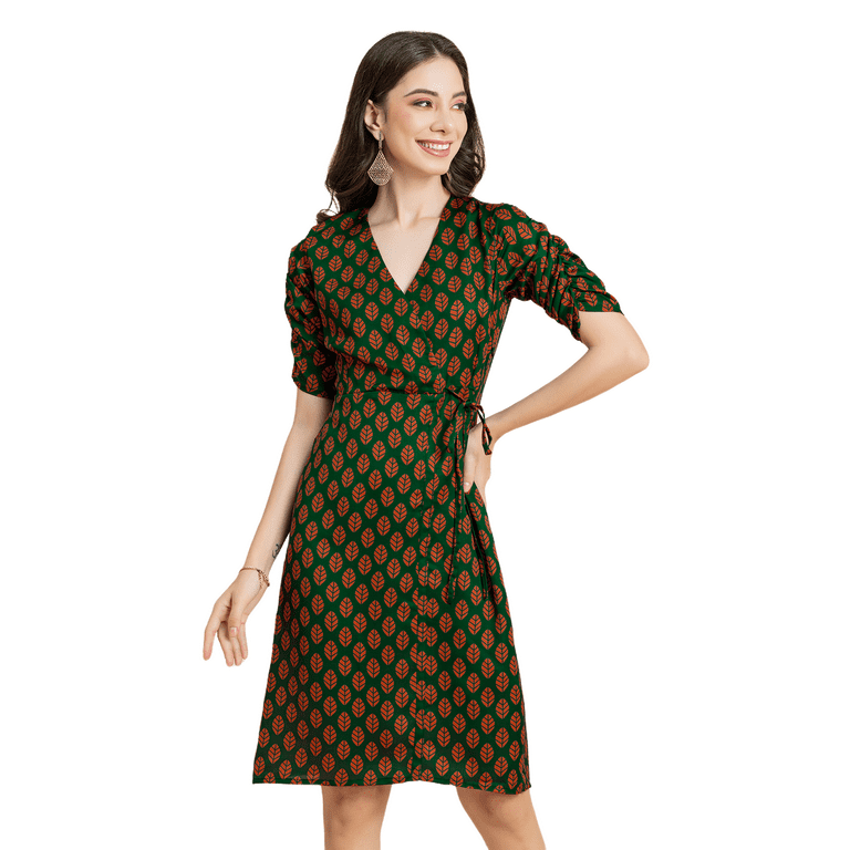 Moomaya Womens Printed Knee Length Dress Ruched Sleeves V Neck Short Dress