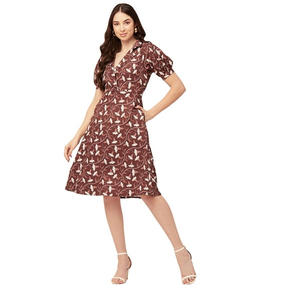 Moomaya Womens Printed Lapel Collar Dress Puffed Sleeves Knee Dress With Pockets