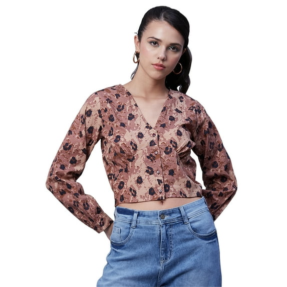 Moomaya Womens Printed Long Sleeves Crop Top, V-Neck Cotton Summer Short Top