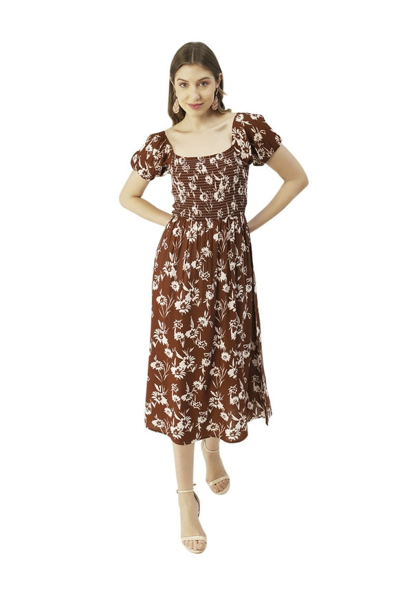Womens Printed Maxi Dress, Viscose Rayon Short Puff Sleeve Dresses