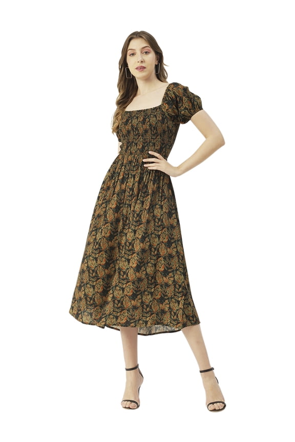 Womens Printed Maxi Dress, Viscose Rayon Short Puff Sleeve Dresses