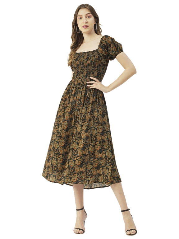Womens Printed Maxi Dress, Viscose Rayon Short Puff Sleeve Dresses