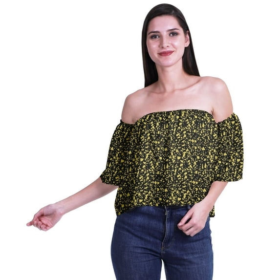 Moomaya Womens Printed Off The Shoulder Crop Top Flounce Sleeve Summer Clothing Boho Blouse