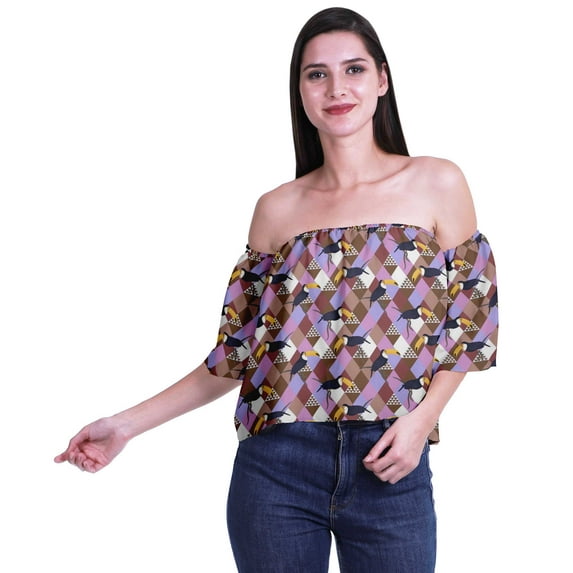 Moomaya Womens Printed Off The Shoulder Crop Top Flounce Sleeve Summer Clothing Boho Blouse
