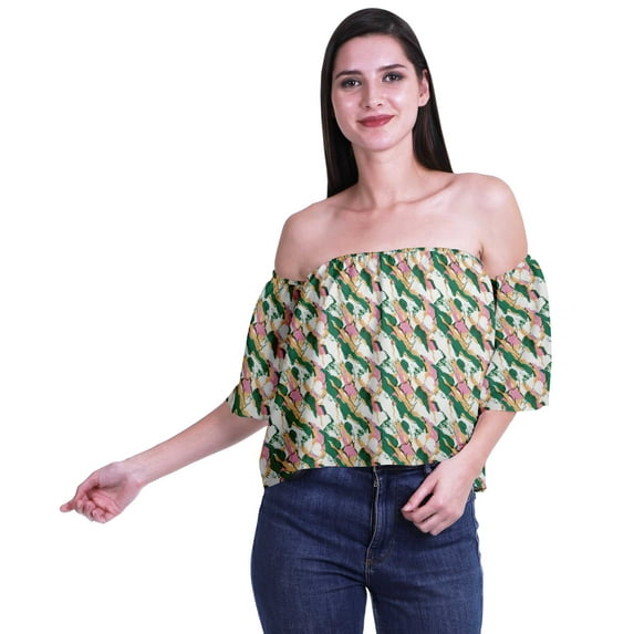 Moomaya Womens Printed Off The Shoulder Crop Top Flounce Sleeve Summer Clothing Boho Blouse
