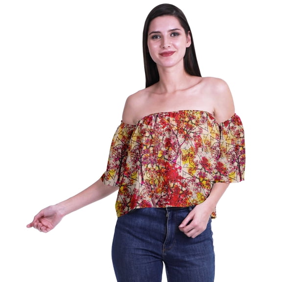Moomaya Womens Printed Off The Shoulder Crop Top Flounce Sleeve Summer Clothing Boho Blouse