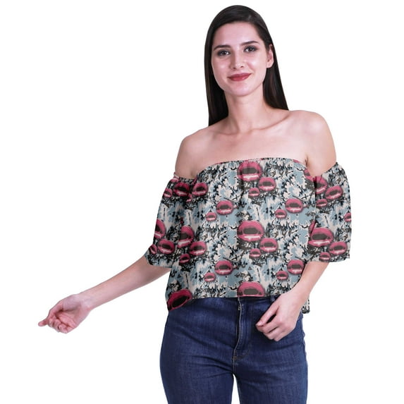 Moomaya Womens Printed Off The Shoulder Crop Top Flounce Sleeve Summer Clothing Boho Blouse
