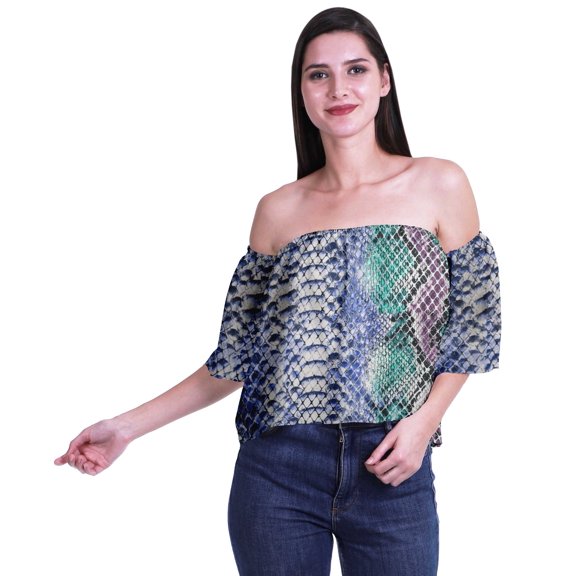 Moomaya Womens Printed Off The Shoulder Crop Top Flounce Sleeve Summer Clothing Boho Blouse