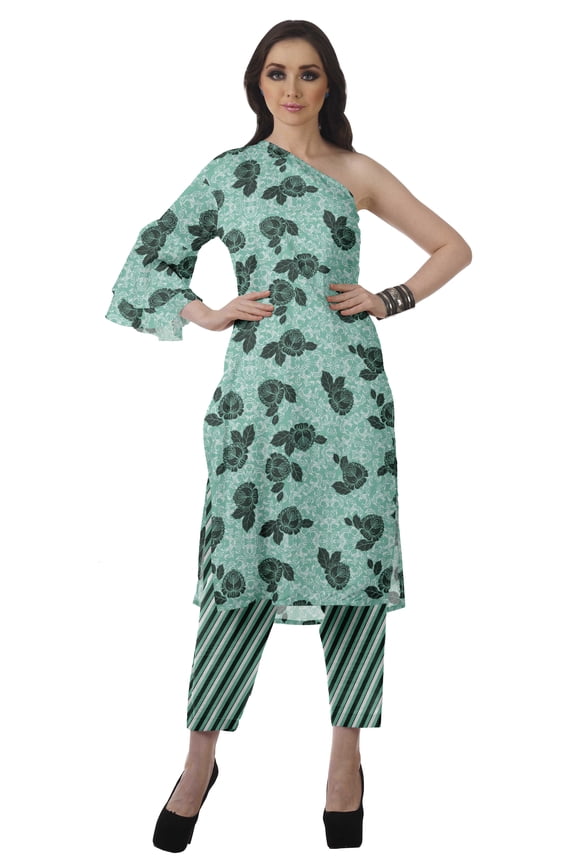 Womens Printed One Shoulder Double Bell Sleeve Kurti Pant Set Ethnic Clothing Sets For Women