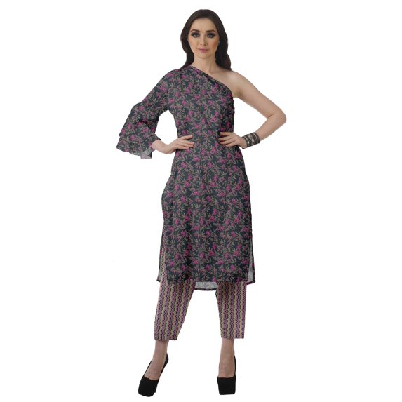 Moomaya Womens Printed One Shoulder Double Bell Sleeve Kurti Pant Set Ethnic Clothing Sets For Women