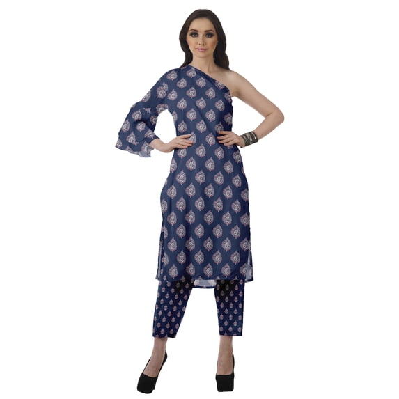 Moomaya Womens Printed One Shoulder Double Bell Sleeve Kurti Pant Set Ethnic Clothing Sets For Women