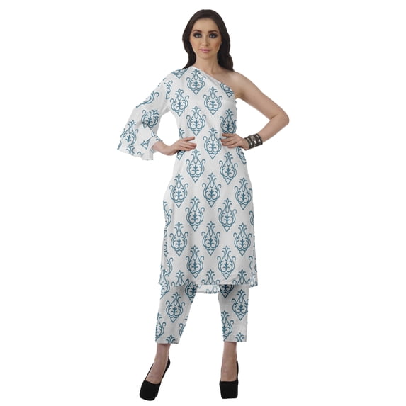 Moomaya Womens Printed One Shoulder Double Bell Sleeve Kurti Pant Set Ethnic Clothing Sets For Women