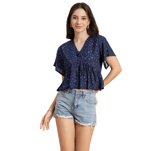 Moomaya Womens Printed Peplum Top, V Neck Viscose Summer Crop Top