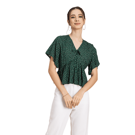 Moomaya Womens Printed Peplum Top, V Neck Viscose Summer Crop Top