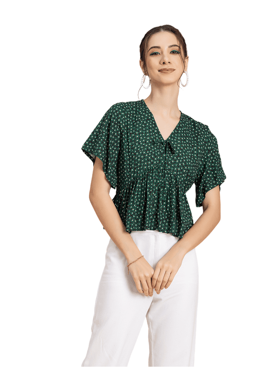 Womens Printed Peplum Top, V Neck Viscose Summer Crop Top