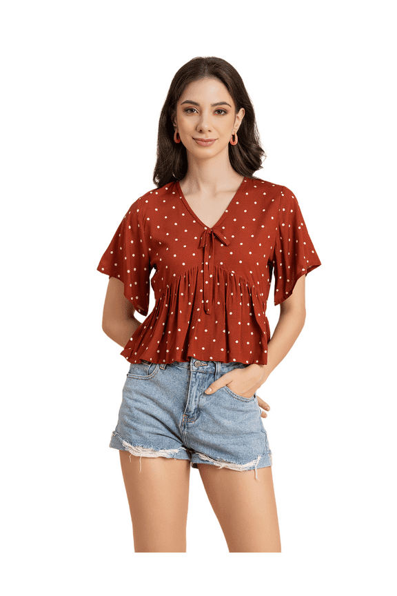 Womens Printed Peplum Top, V Neck Viscose Summer Crop Top