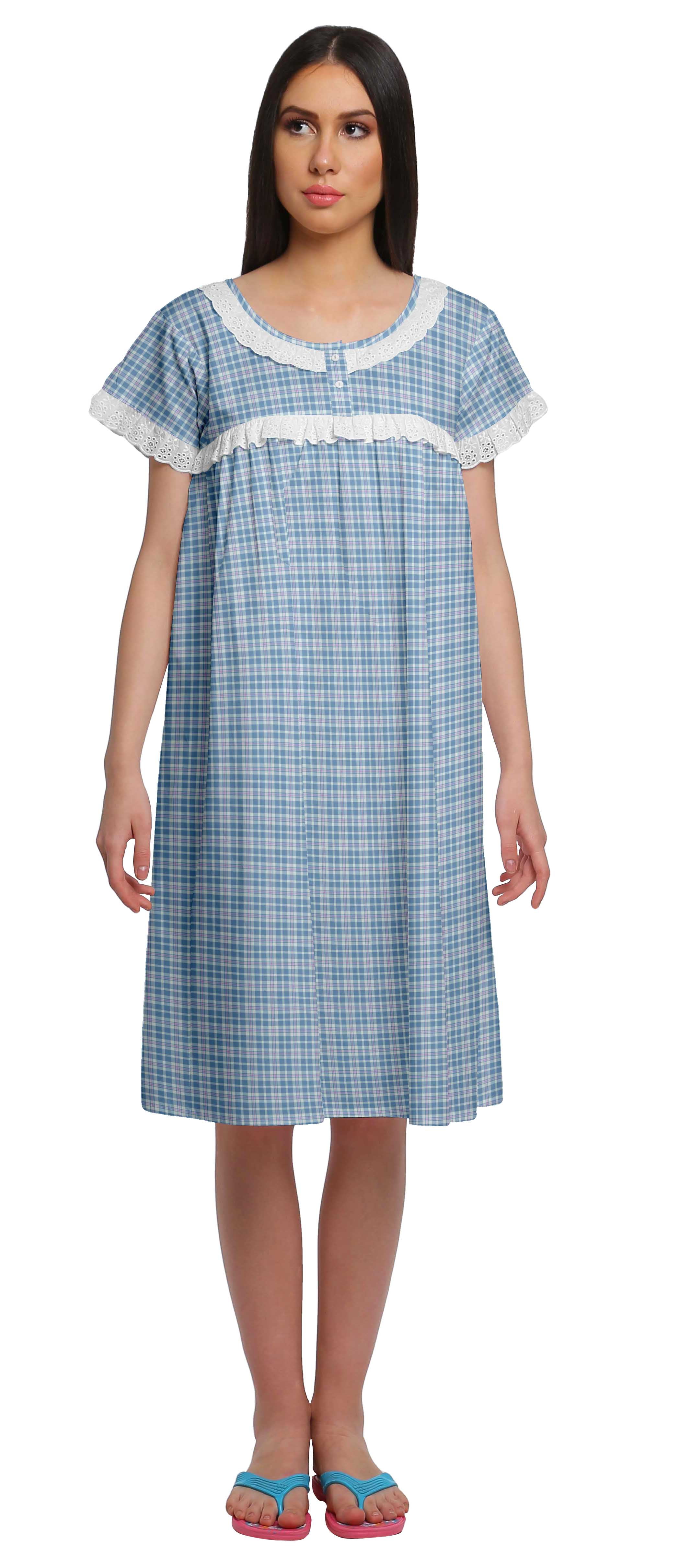 Moomaya Women’s Short Sleeve Nightgown – 100% Cotton Poplin, Lace Trim, Button-Down Nursing Nightwear