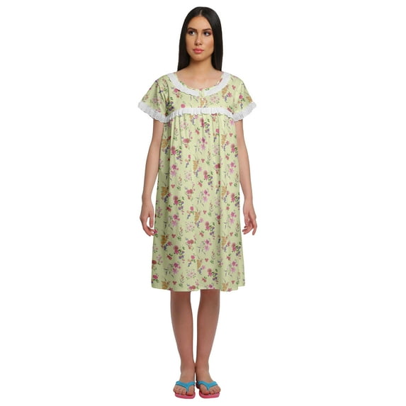 Moomaya Womens Printed Round Neck Nursing Sleepwear Cotton Poplin Nightdress