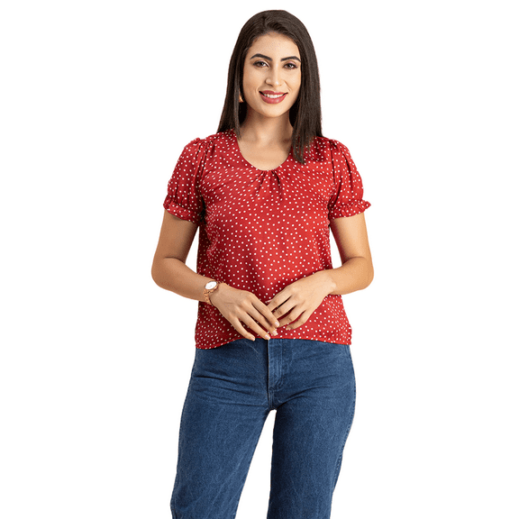 Moomaya Womens Printed Round Neck, Short Puffed Sleeves Casual Top