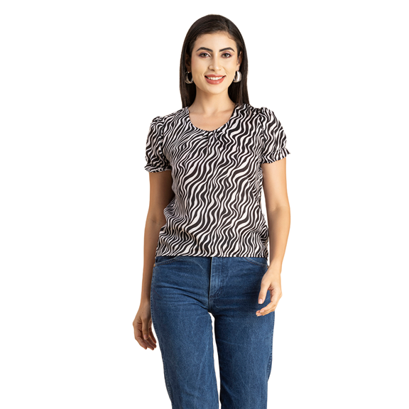 Moomaya Womens Printed Round Neck, Short Puffed Sleeves Casual Top