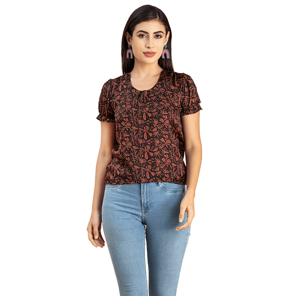 Moomaya Womens Printed Round Neck, Short Puffed Sleeves Casual Top