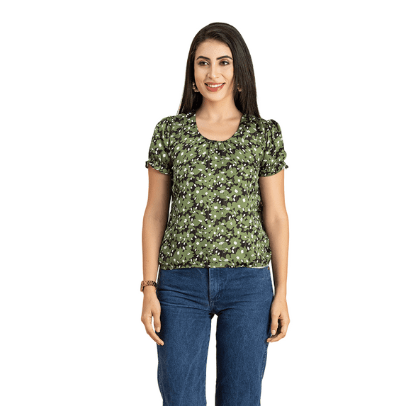Moomaya Womens Printed Round Neck, Short Puffed Sleeves Casual Top