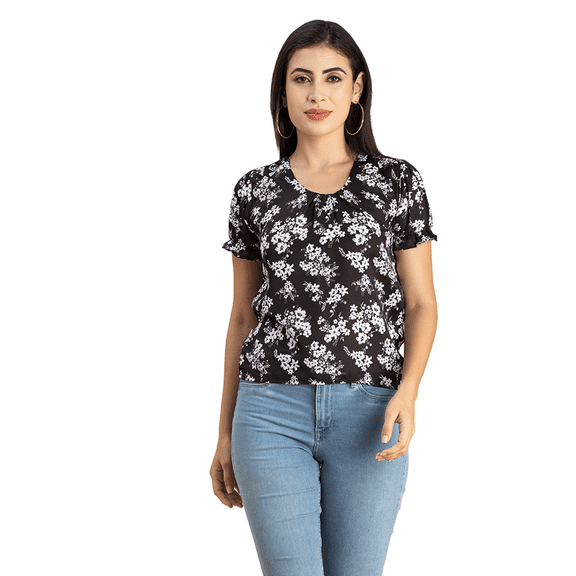 Moomaya Womens Printed Round Neck, Short Puffed Sleeves Casual Top