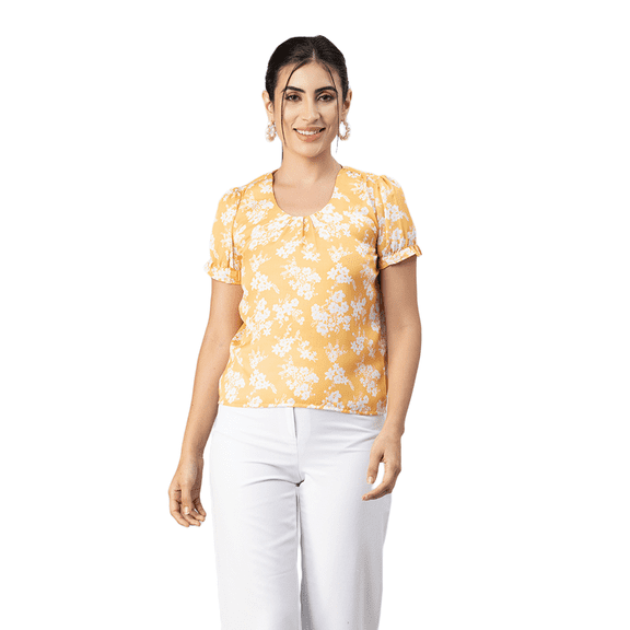 Moomaya Womens Printed Round Neck, Short Puffed Sleeves Casual Top