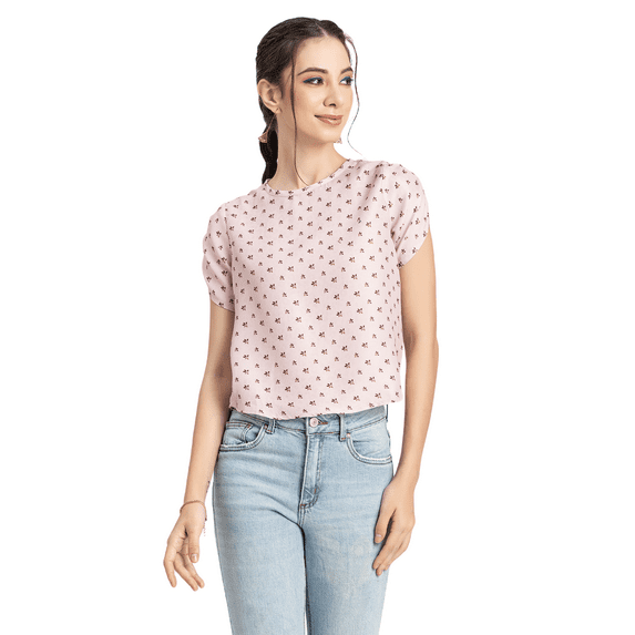 Moomaya Womens Printed Round Neck Top, Short Petal Sleeves Summer Top