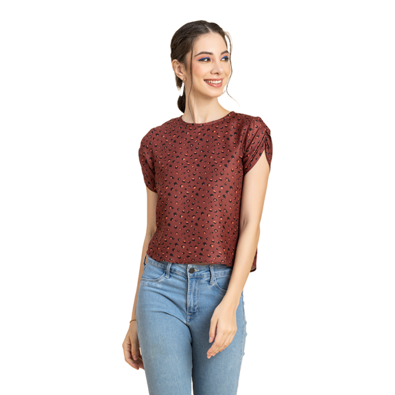 Moomaya Womens Printed Round Neck Top, Short Petal Sleeves Summer Top