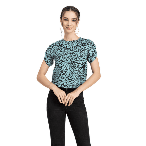 Moomaya Womens Printed Round Neck Top, Short Petal Sleeves Summer Top