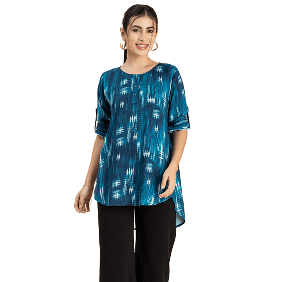 Moomaya Womens Printed Round Neck With Button Placket Long Summer Tunic Top