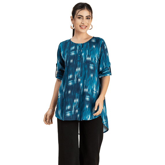 Moomaya Womens Printed Round Neck With Button Placket Long Summer Tunic Top