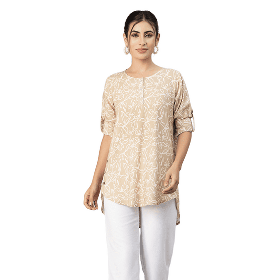 Moomaya Womens Printed Round Neck With Button Placket Long Summer Tunic Top